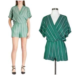 Maje | Ipandoni Green Striped Short Sleeve V Neck Romper $340 Women's 36 Small